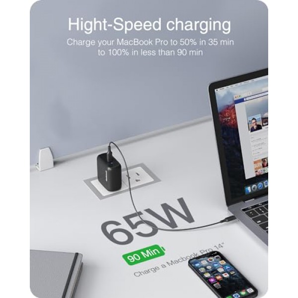Nekteck 65W USB C 충전기 GaN II(6.6피트 케이블 포함), PD 3.0 PPS [USB-IF 인증] iPhone15, MacBook Air/Pro, iPad Air/Pro, Galaxy S21/S20 등과 호환되는 고속 접이식 소형 USB C 벽면 충전기
