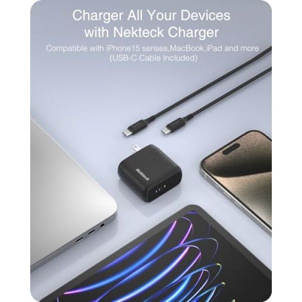 Nekteck 65W USB C 충전기 GaN II(6.6피트 케이블 포함), PD 3.0 PPS [USB-IF 인증] iPhone15, MacBook Air/Pro, iPad Air/Pro, Galaxy S21/S20 등과 호환되는 고속 접이식 소형 USB C 벽면 충전기
