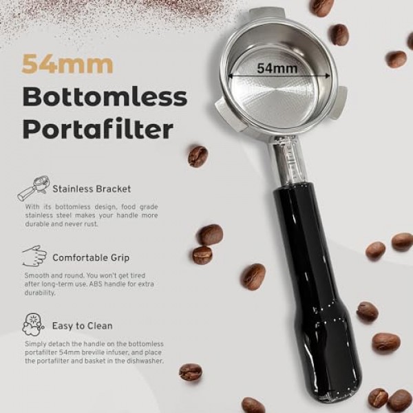 더블 샷 필터 바스켓이 포함된 브릴리언트 54mm 바텀리스 포터필터 - 바텀리스 포터필터 54mm Breville Barista Express, Touch, Impress, Pro, Bambino, Plus - 블랙 인체공학적 핸들과 호