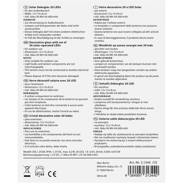 Idena 31344 LED 태양열 장식 유리, 웜 화이트 LED 20개, 태양광 모듈 및 충전식 배터리 포함, 약. 12 x 8 x 14 cm, 정원, 파티오 및 발코니 장식용