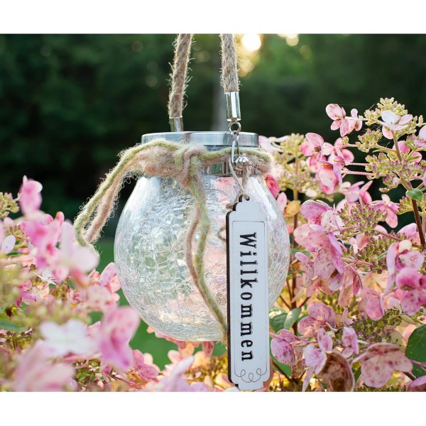 Idena 31344 LED 태양열 장식 유리, 웜 화이트 LED 20개, 태양광 모듈 및 충전식 배터리 포함, 약. 12 x 8 x 14 cm, 정원, 파티오 및 발코니 장식용
