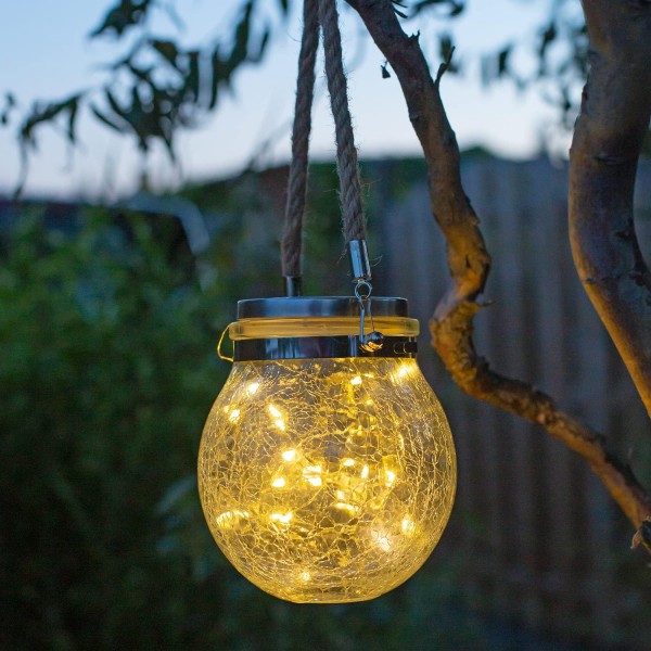 Idena 31344 LED 태양열 장식 유리, 웜 화이트 LED 20개, 태양광 모듈 및 충전식 배터리 포함, 약. 12 x 8 x 14 cm, 정원, 파티오 및 발코니 장식용