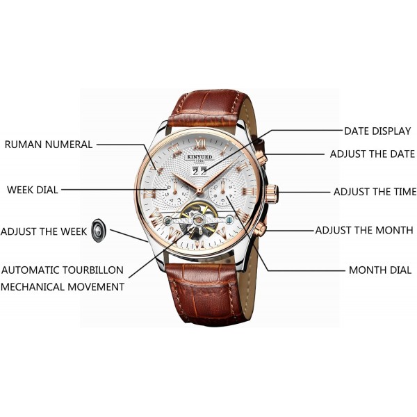 2017 KINYUED Tourbillon 자동 남성 클래식 로즈 골드 가죽 기계식 손목 시계 Reloj Hombre