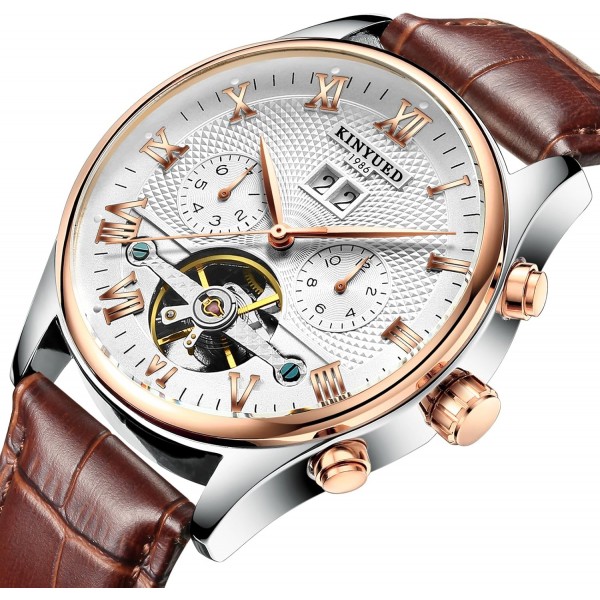 2017 KINYUED Tourbillon 자동 남성 클래식 로즈 골드 가죽 기계식 손목 시계 Reloj Hombre