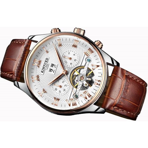 2017 KINYUED Tourbillon 자동 남성 클래식 로즈 골드 가죽 기계식 손목 시계 Reloj Hombre