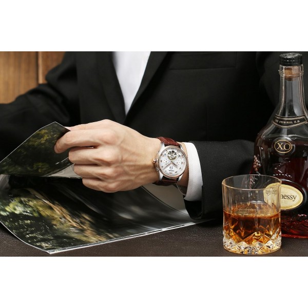 2017 KINYUED Tourbillon 자동 남성 클래식 로즈 골드 가죽 기계식 손목 시계 Reloj Hombre