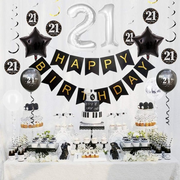 Happyhours 생일 장식 21 번째 생일 장식 소년 흑백, pompoms 생일 화환 21 번째 호일 풍선, 라텍스 풍선 은색 색종이 풍선, 나선형 생일 장식 세트