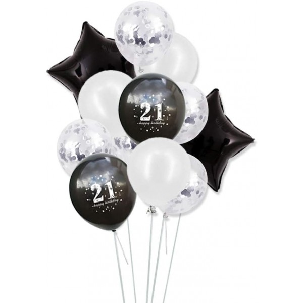 Happyhours 생일 장식 21 번째 생일 장식 소년 흑백, pompoms 생일 화환 21 번째 호일 풍선, 라텍스 풍선 은색 색종이 풍선, 나선형 생일 장식 세트