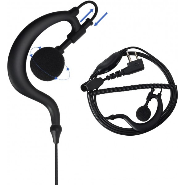HYSHIKRA G-Form 이어폰 헤드셋 - 2핀 잭 - PTT 및 VOX 고정 클립 포함 - Mindland G7 / Pro G6 / G9 / Pro G12 GXT250 GXT550 GXT650 LXT80 Alan39 라디오와 호환 가능