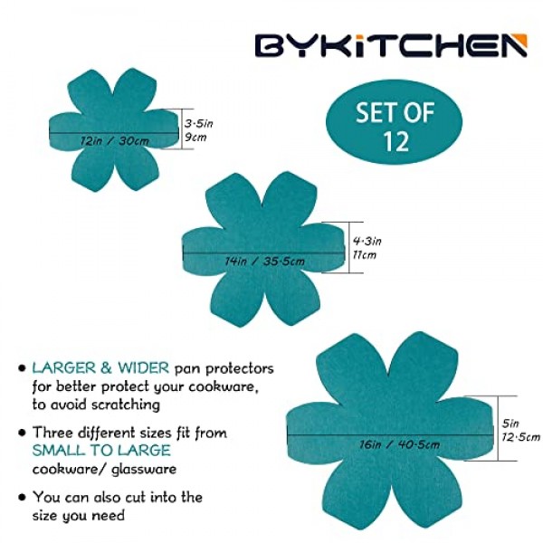 BYKITCHEN 냄비 및 팬 보호대, 12개 및 3개의 다양한 크기 세트, 더 크고 두꺼운 펠트 팬 보호 패드, 청록색 냄비 분리대 조리기구를 쌓아서 보호하기 위한 보호대