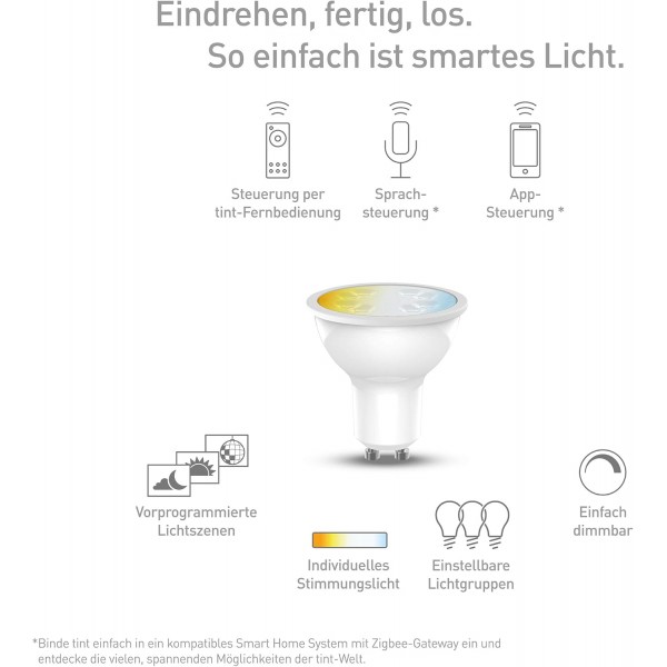Müller-Licht Tint LED Reflector GU10 White 앱을 통해 Alexa 및 Google Home과 호환 가능 제어 가능(이동 중), 밝기 조절 가능(2700 - 6500K 플라스틱 5.1 W, Crystal Heart Measures 5 x 5 x 5.4 