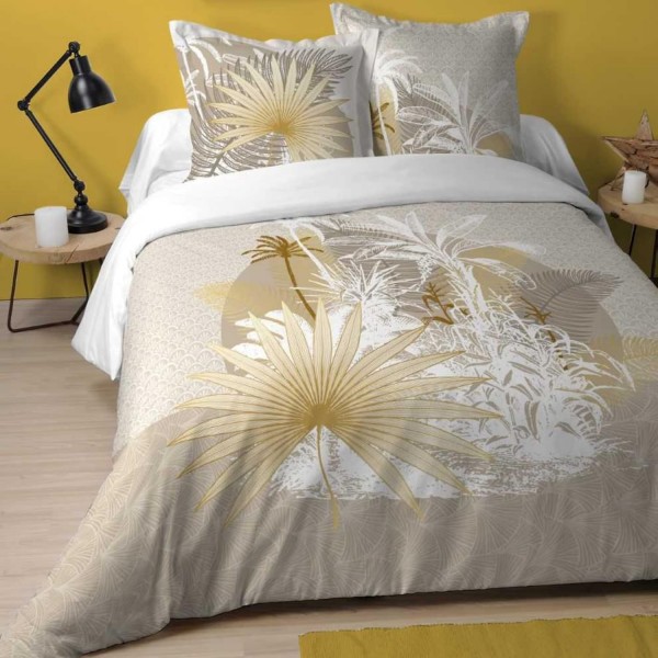 Lovely Casa - 몰디브 이불 커버 260 x 240 cm 및 베갯잇 63 x 63 cm 2개, 면 100%, 실 57개, Ökotex 인증 - 자연, 여행, 야자수, 노랑, 금색 HP4B095001