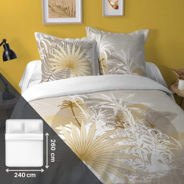 Lovely Casa - 몰디브 이불 커버 260 x 240 cm 및 베갯잇 63 x 63 cm 2개, 면 100%, 실 57개, Ökotex 인증 - 자연, 여행, 야자수, 노랑, 금색 HP4B095001