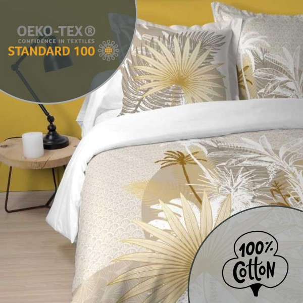 Lovely Casa - 몰디브 이불 커버 260 x 240 cm 및 베갯잇 63 x 63 cm 2개, 면 100%, 실 57개, Ökotex 인증 - 자연, 여행, 야자수, 노랑, 금색 HP4B095001