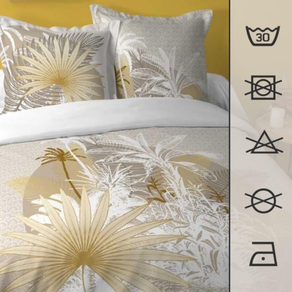 Lovely Casa - 몰디브 이불 커버 260 x 240 cm 및 베갯잇 63 x 63 cm 2개, 면 100%, 실 57개, Ökotex 인증 - 자연, 여행, 야자수, 노랑, 금색 HP4B095001