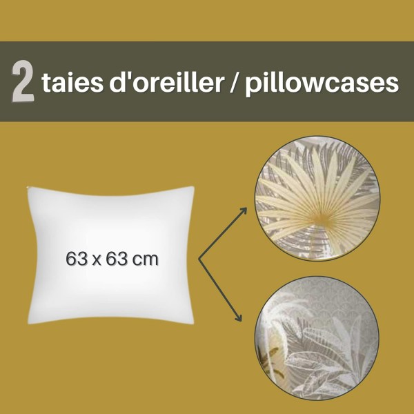 Lovely Casa - 몰디브 이불 커버 260 x 240 cm 및 베갯잇 63 x 63 cm 2개, 면 100%, 실 57개, Ökotex 인증 - 자연, 여행, 야자수, 노랑, 금색 HP4B095001