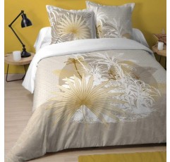 Lovely Casa - 몰디브 이불 커버 260 x 240 cm 및 베갯잇 63 x 63 cm 2개, 면 100%, 실 57개, Ökotex 인증 - 자연, 여행, 야자수, 노랑, 금색 HP4B095001