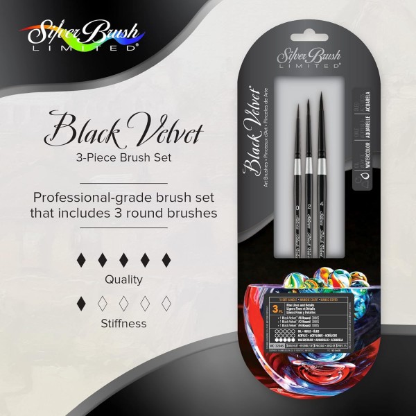 Silver Brush Limited WC-3204S 블랙 벨벳 - 가는 선 및 디테일 작업을 위한 브러시 세트 - 0, 2 및 4 크기의 원형 브러시 - 3종 세트 블랙,실버 3개 세트