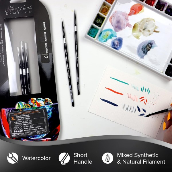 Silver Brush Limited WC-3204S 블랙 벨벳 - 가는 선 및 디테일 작업을 위한 브러시 세트 - 0, 2 및 4 크기의 원형 브러시 - 3종 세트 블랙,실버 3개 세트