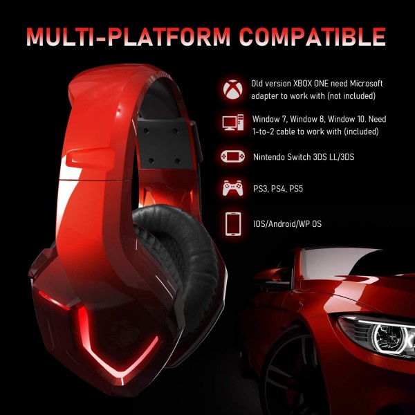 마이크가 있는 NEEDONE 게임용 헤드폰, PS4 PC PS5 Xbox One용 게임용 헤드셋, Switch Laptop Mac Red용 강렬한 베이스가 있는 3.5mm 서라운드 사운드 헤드셋
