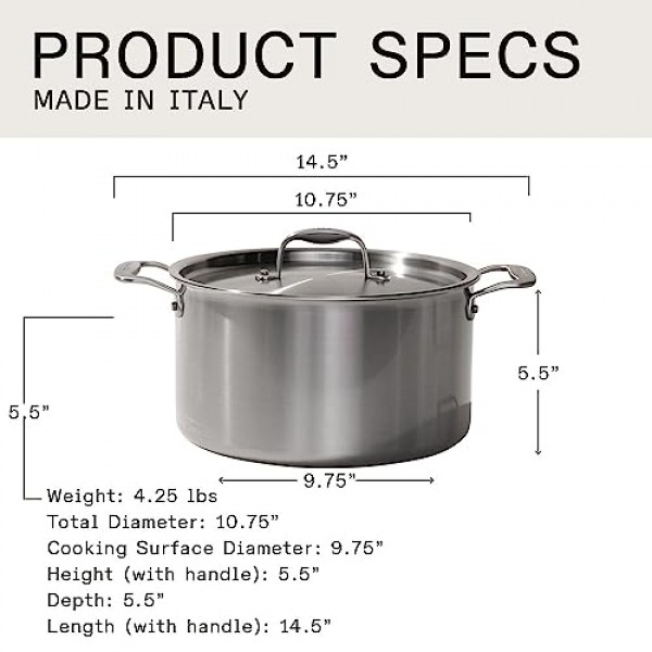 Made In 조리기구 - 뚜껑이 있는 8쿼트 스테인리스 스틸 스톡 냄비 - 5겹 스테인리스 클래드 - 전문가용 조리기구 - 이탈리아에서 제작 - 인덕션 호환