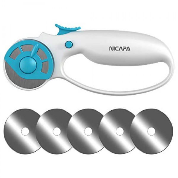 안전 잠금 장치가 있는 직물용 NICAPA 45mm 로터리 커터 인체공학적 클래식 컴포트 루프 재봉 퀼팅 제작용 로터리 커터(추가 5개 45mm 교체 블레이드 포함)