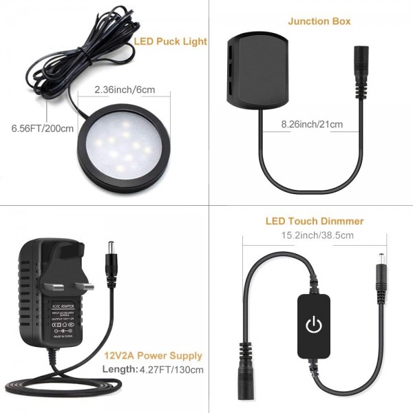 LightingWill LED Under 캐비닛 조명 키트,LED Under Cabinet Puck Lights,680lm 일광 화이트 6000K,CRI90+,터치 디밍,모든 액세서리 포함,주방용,옷장 조명,안전 조명,(4팩) 블랙 퓨어 화이