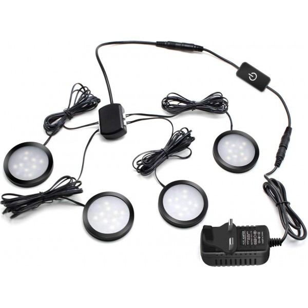 LightingWill LED Under 캐비닛 조명 키트,LED Under Cabinet Puck Lights,680lm 일광 화이트 6000K,CRI90+,터치 디밍,모든 액세서리 포함,주방용,옷장 조명,안전 조명,(4팩) 블랙 퓨어 화이