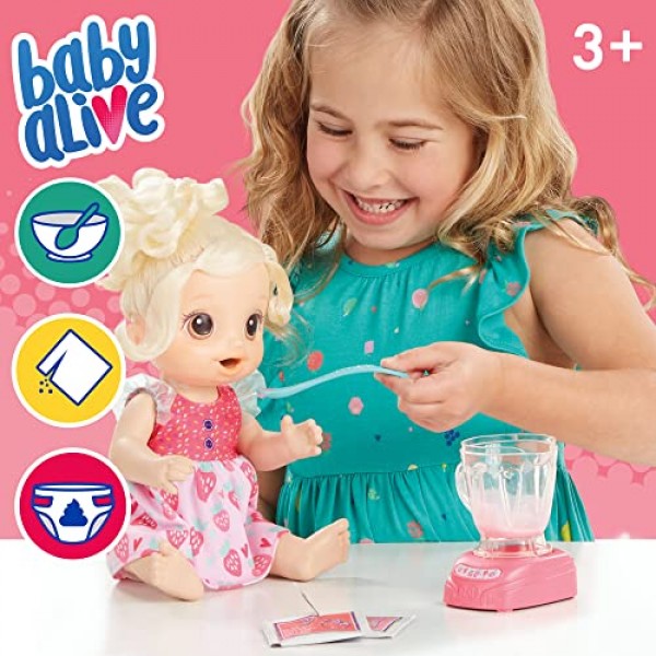 Baby Alive Magical Mixer 아기 인형, 딸기 쉐이크, 장난감 블렌더가 있는 인형, 3세 이상 어린이를 위한 아기 인형 세트, 금발 머리