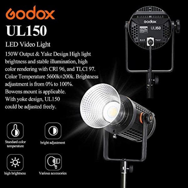 Godox UL150 II 무음 LED 비디오 조명, LETWING 8색 필터, 160W 5600K 일광 균형, 71700LUX@1M,CRI96 TLCI97,16 그룹 32채널, 무선 원격 제어 및 앱 지원