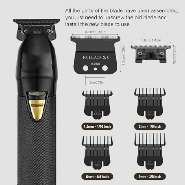 BaBylissPRO FX787 및 FX726 트리머와 호환되는 FX707B 교체 블레이드, BaByliss 트리머 블레이드와 호환되는 4개의 가드 세트가 있는 DLC 교체 블레이드, 검정색