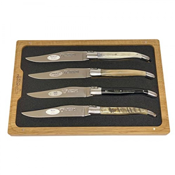 Laguiole en Aubrac 럭셔리 완전 단조 풀 탱 스테인레스 스틸 스테이크 나이프 4피스 세트, 혼합 혼 핸들, 스테인레스 스틸 샤이니 볼스터