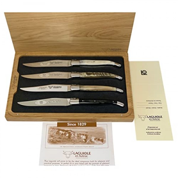 Laguiole en Aubrac 럭셔리 완전 단조 풀 탱 스테인레스 스틸 스테이크 나이프 4피스 세트, 혼합 혼 핸들, 스테인레스 스틸 샤이니 볼스터