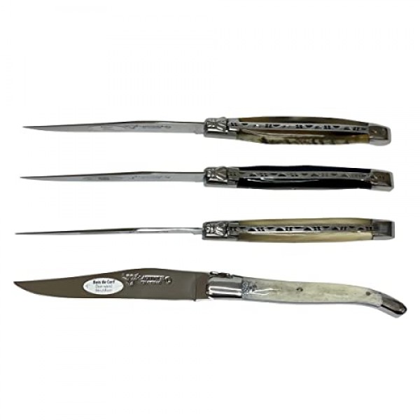 Laguiole en Aubrac 럭셔리 완전 단조 풀 탱 스테인레스 스틸 스테이크 나이프 4피스 세트, 혼합 혼 핸들, 스테인레스 스틸 샤이니 볼스터
