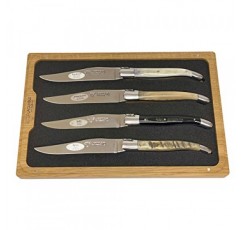 Laguiole en Aubrac 럭셔리 완전 단조 풀 탱 스테인레스 스틸 스테이크 나이프 4피스 세트, 혼합 혼 핸들, 스테인레스 스틸 샤이니 볼스터