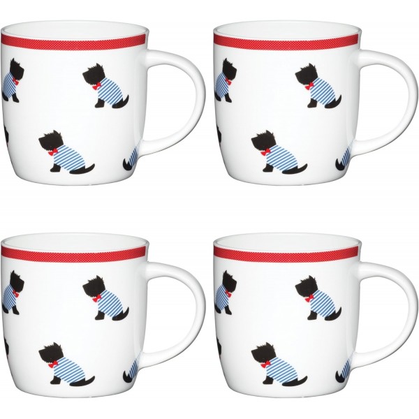 KitchenCraft Seating Westies Dog Patterned Barrel 머그, 중국, 화이트, 4개(1팩)