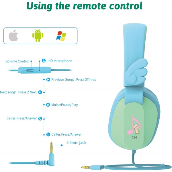 Riwbox CS6 이어폰을 통한 경량 접이식 스테레오 헤드폰 iPad/iPhone/PC/Kindle/Tablet Blue&Green과 호환되는 마이크 및 볼륨 컨트롤이 있는 헤드셋 공유 기능