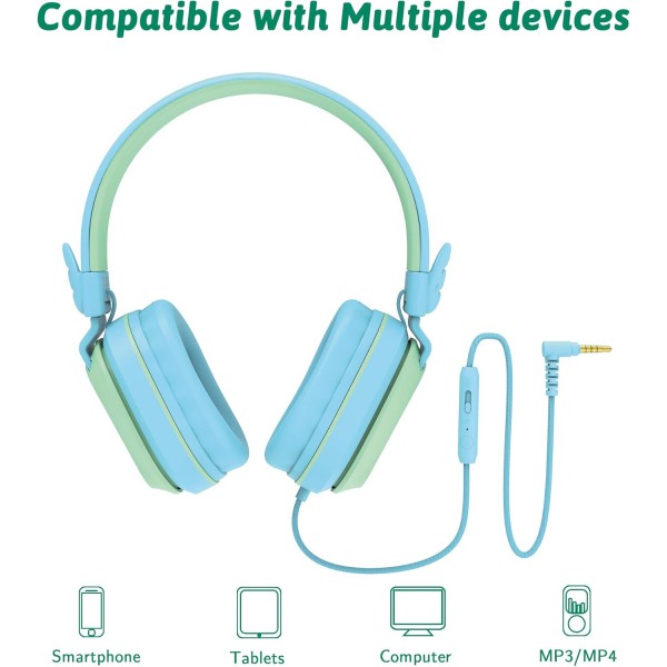 Riwbox CS6 이어폰을 통한 경량 접이식 스테레오 헤드폰 iPad/iPhone/PC/Kindle/Tablet Blue&Green과 호환되는 마이크 및 볼륨 컨트롤이 있는 헤드셋 공유 기능