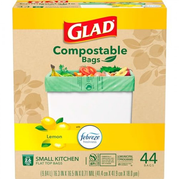 Glad Kitchen 퇴비 가방 2.6갤런 100% 퇴비화 가방, 페브리즈 레몬, 44개