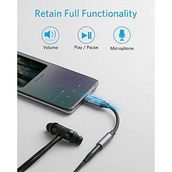 Anker USB C-3.5mm 오디오 어댑터, 삼성 S20/S20+/S20 Ultra, Pixel 4/+ 4XL 및 기타 유형 C 장치용 남성-여성 나일론 케이블