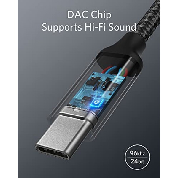 Anker USB C-3.5mm 오디오 어댑터, 삼성 S20/S20+/S20 Ultra, Pixel 4/+ 4XL 및 기타 유형 C 장치용 남성-여성 나일론 케이블