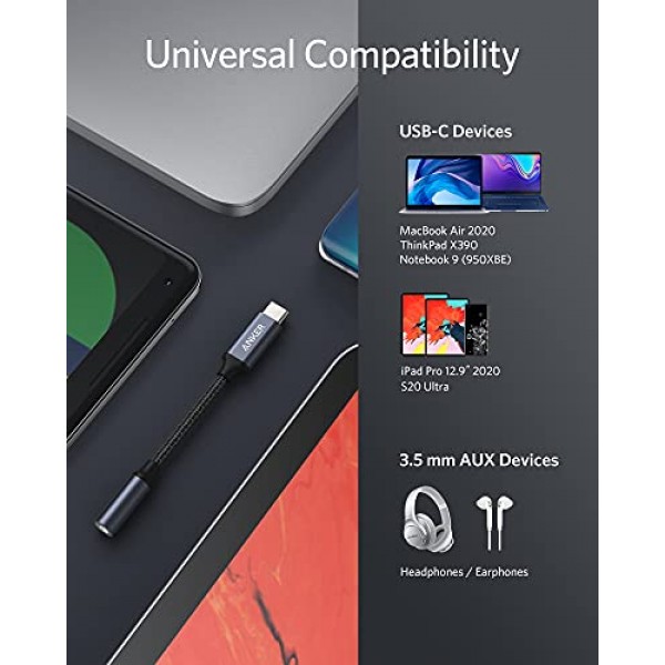 Anker USB C-3.5mm 오디오 어댑터, 삼성 S20/S20+/S20 Ultra, Pixel 4/+ 4XL 및 기타 유형 C 장치용 남성-여성 나일론 케이블
