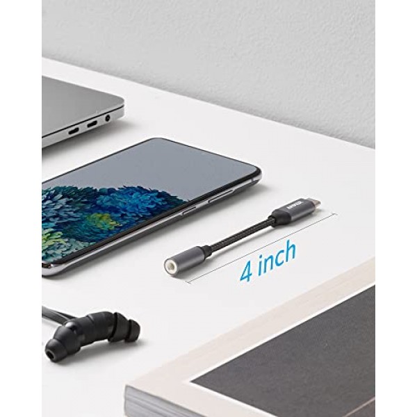 Anker USB C-3.5mm 오디오 어댑터, 삼성 S20/S20+/S20 Ultra, Pixel 4/+ 4XL 및 기타 유형 C 장치용 남성-여성 나일론 케이블