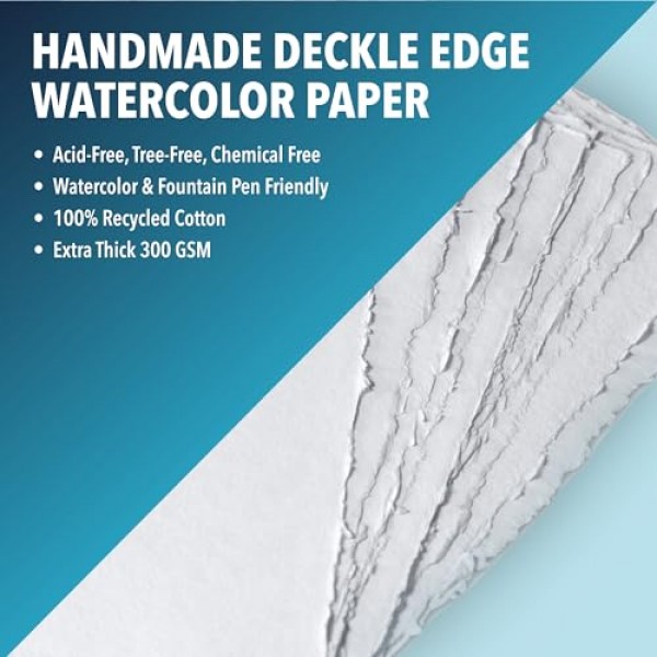 Deckle Edge가 있는 두꺼운 수제 원형 수채화 용지 - 300GSM - 재활용 면으로 만든 프리미엄 흰색 콜드 프레스 질감 혼합 미디어 용지 - 15장의 루스 리프 시트 - 6 원형