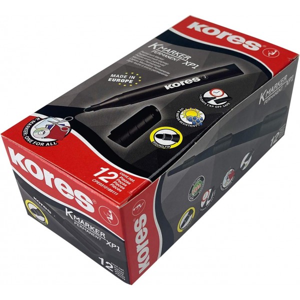 Kores - K-Marker XP1: 검은색 유성 마커 펜, 방수 및 무취 잉크가 있는 총알 팁, 모든 표면용, 12개 팩