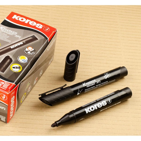 Kores - K-Marker XP1: 검은색 유성 마커 펜, 방수 및 무취 잉크가 있는 총알 팁, 모든 표면용, 12개 팩