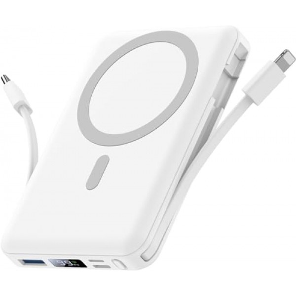 Yiisonger 자기 무선 전원 은행 - 10000mAh 휴대용 충전기 내장 케이블을 사용한 22.5W PD 고속 충전 LED 디스플레이, iPhone 15/14/13/12/Pro/Mini/Pro Max(흰색)용 슬림 자기 배터리 팩