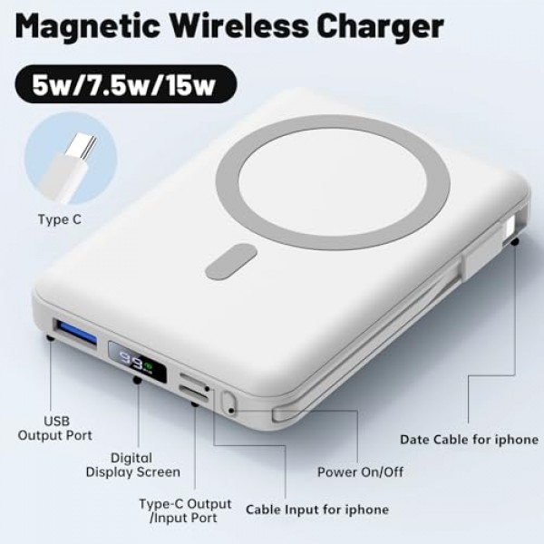 Yiisonger 자기 무선 전원 은행 - 10000mAh 휴대용 충전기 내장 케이블을 사용한 22.5W PD 고속 충전 LED 디스플레이, iPhone 15/14/13/12/Pro/Mini/Pro Max(흰색)용 슬림 자기 배터리 팩