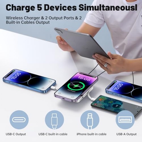 Yiisonger 자기 무선 전원 은행 - 10000mAh 휴대용 충전기 내장 케이블을 사용한 22.5W PD 고속 충전 LED 디스플레이, iPhone 15/14/13/12/Pro/Mini/Pro Max(흰색)용 슬림 자기 배터리 팩