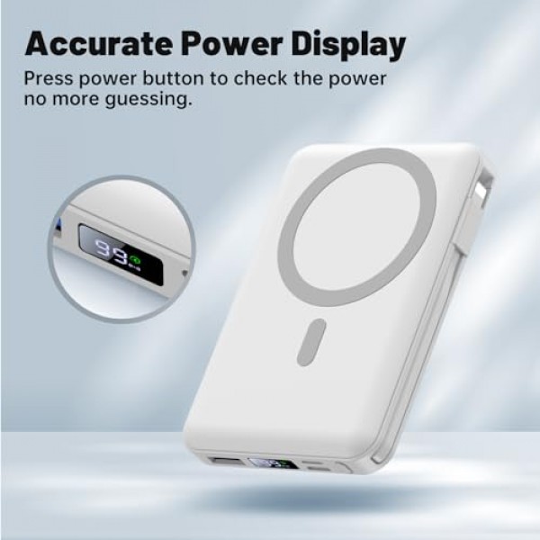 Yiisonger 자기 무선 전원 은행 - 10000mAh 휴대용 충전기 내장 케이블을 사용한 22.5W PD 고속 충전 LED 디스플레이, iPhone 15/14/13/12/Pro/Mini/Pro Max(흰색)용 슬림 자기 배터리 팩